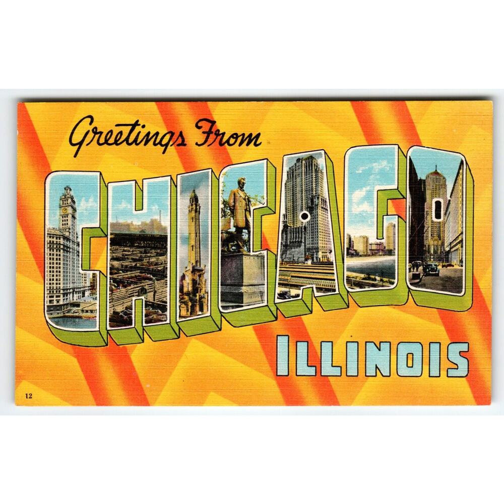 Greetings From Chicago Illinois 1940's Postcard Large Letter Linen Vintage Retro